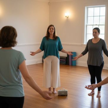 A group of women practicing meditation in a serene room.