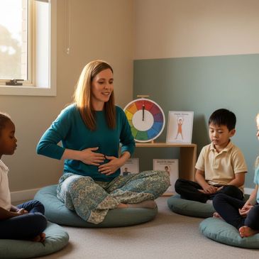 Teacher leads children in a calming meditation session.