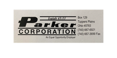 Business card for Parker Corporation with contact details and a Bible verse.