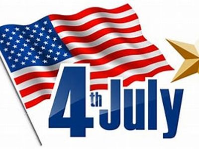 4th of July graphic with American flag and gold star.