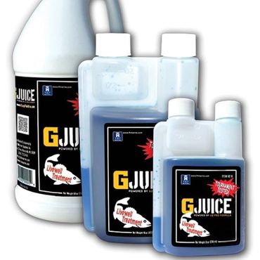 Three bottles of G-Juice fish treatment products with distinct labels.