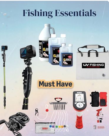 Essential fishing gear including camera, bait, reel, and fish finder for a successful trip.