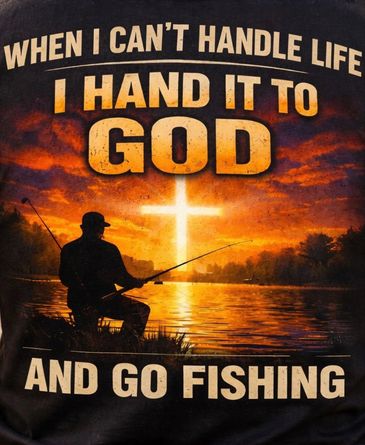 Man fishing at sunset with spiritual message.