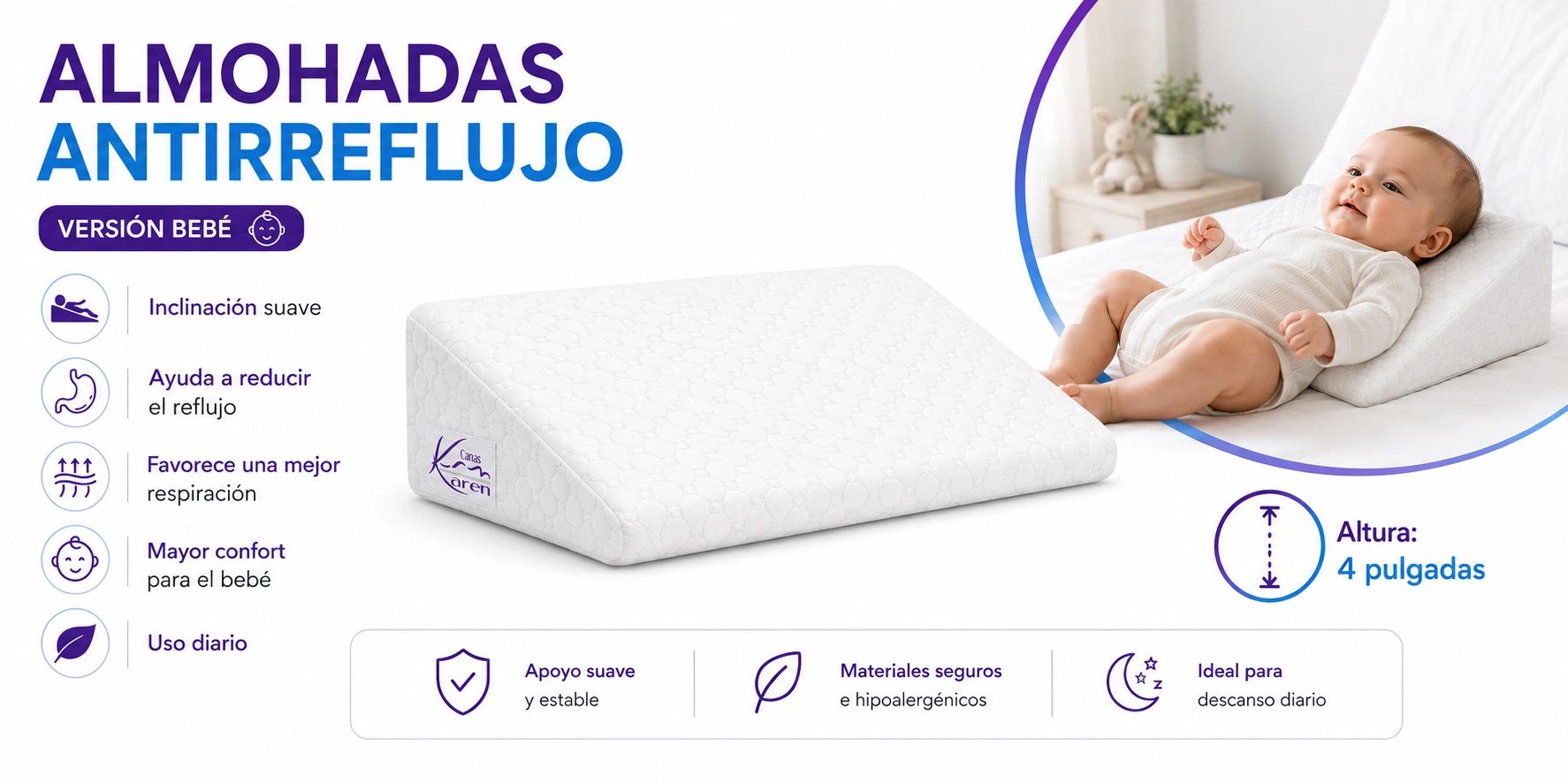 Almohada antirreflujo para bebés con inclinación suave y mayor confort.