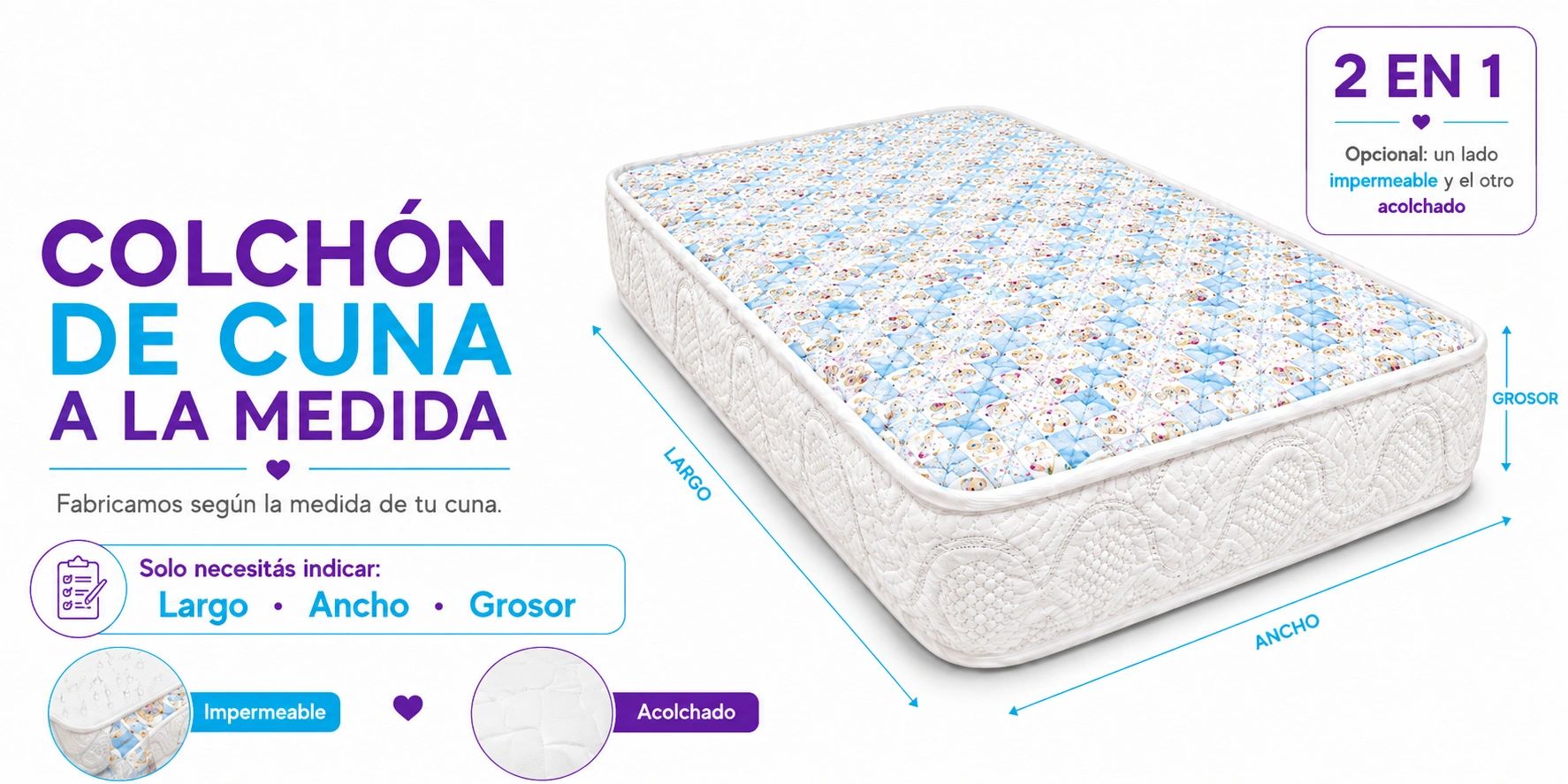 Colchón de cuna personalizado con opción impermeable o acolchado, fabricado a medida.