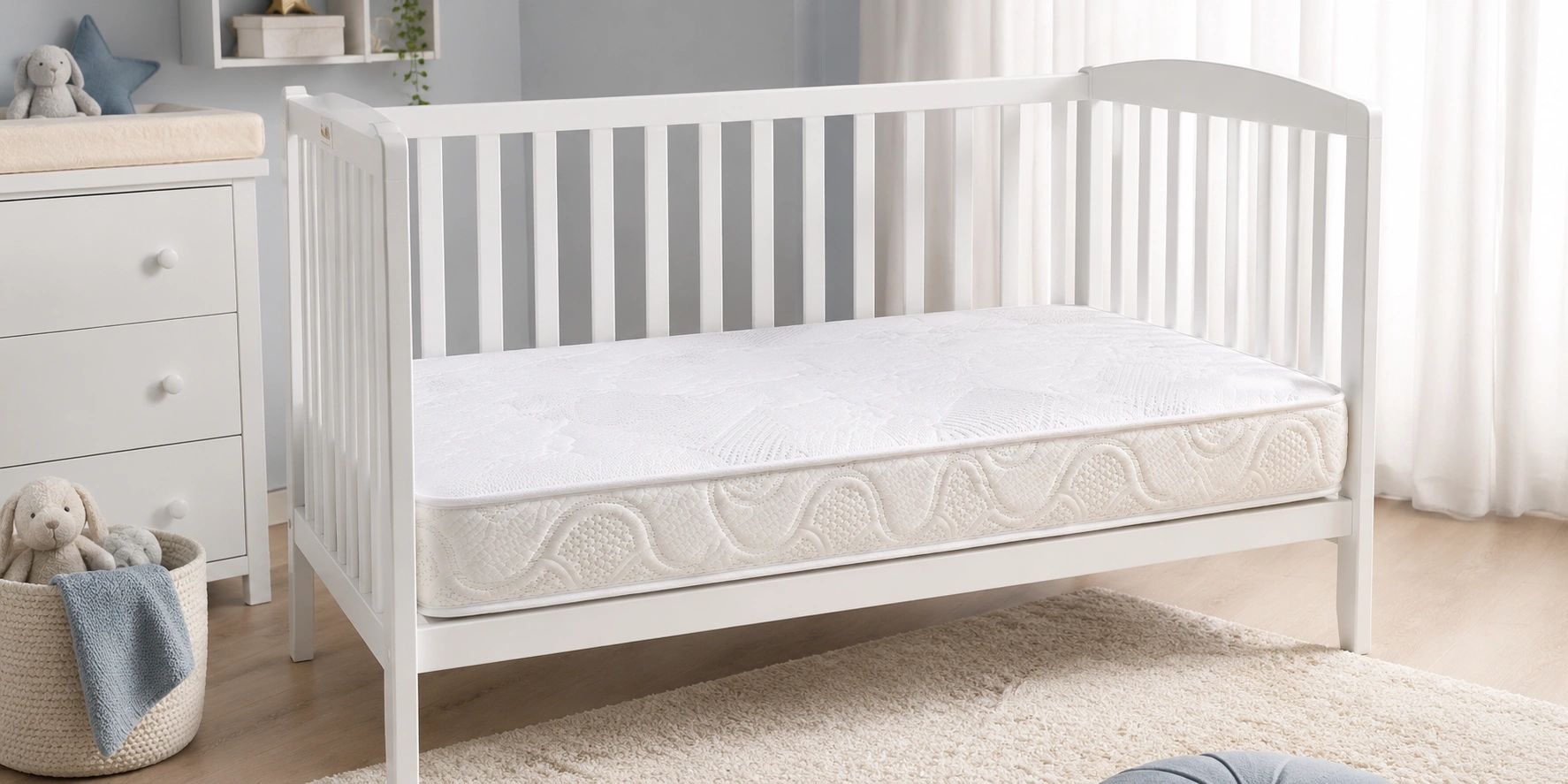 A white baby crib with a clean mattress in a softly lit nursery room.