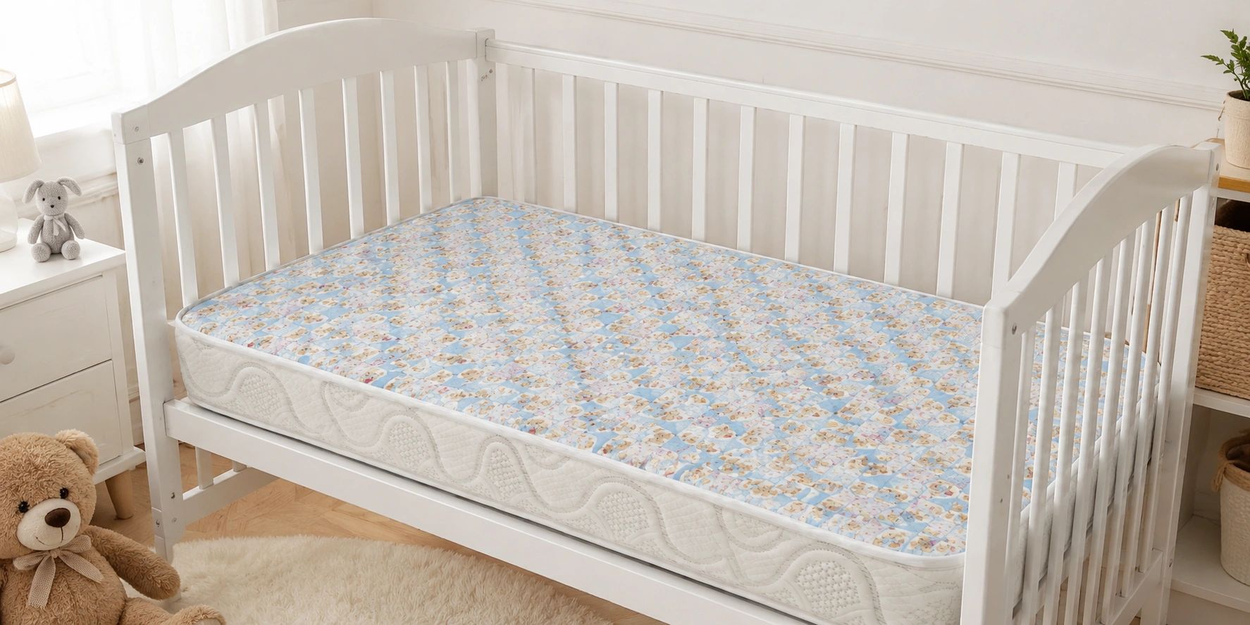 A white baby crib with a patterned mattress and soft toys nearby.