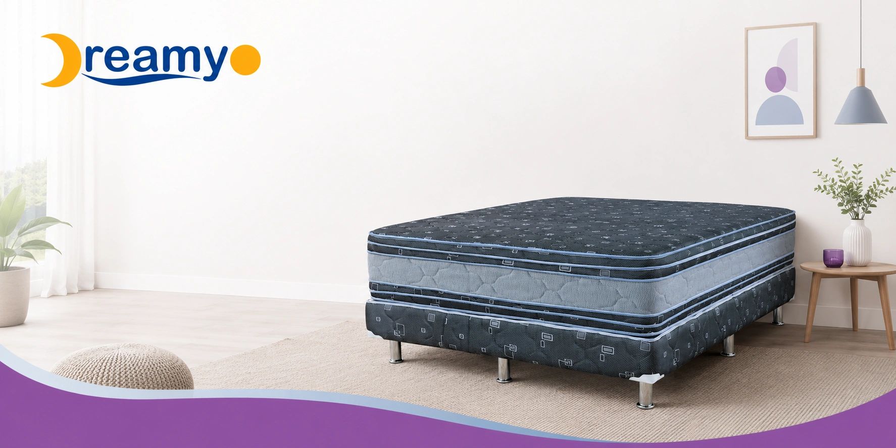 Modern bedroom with a stylish black and blue mattress on metal legs.