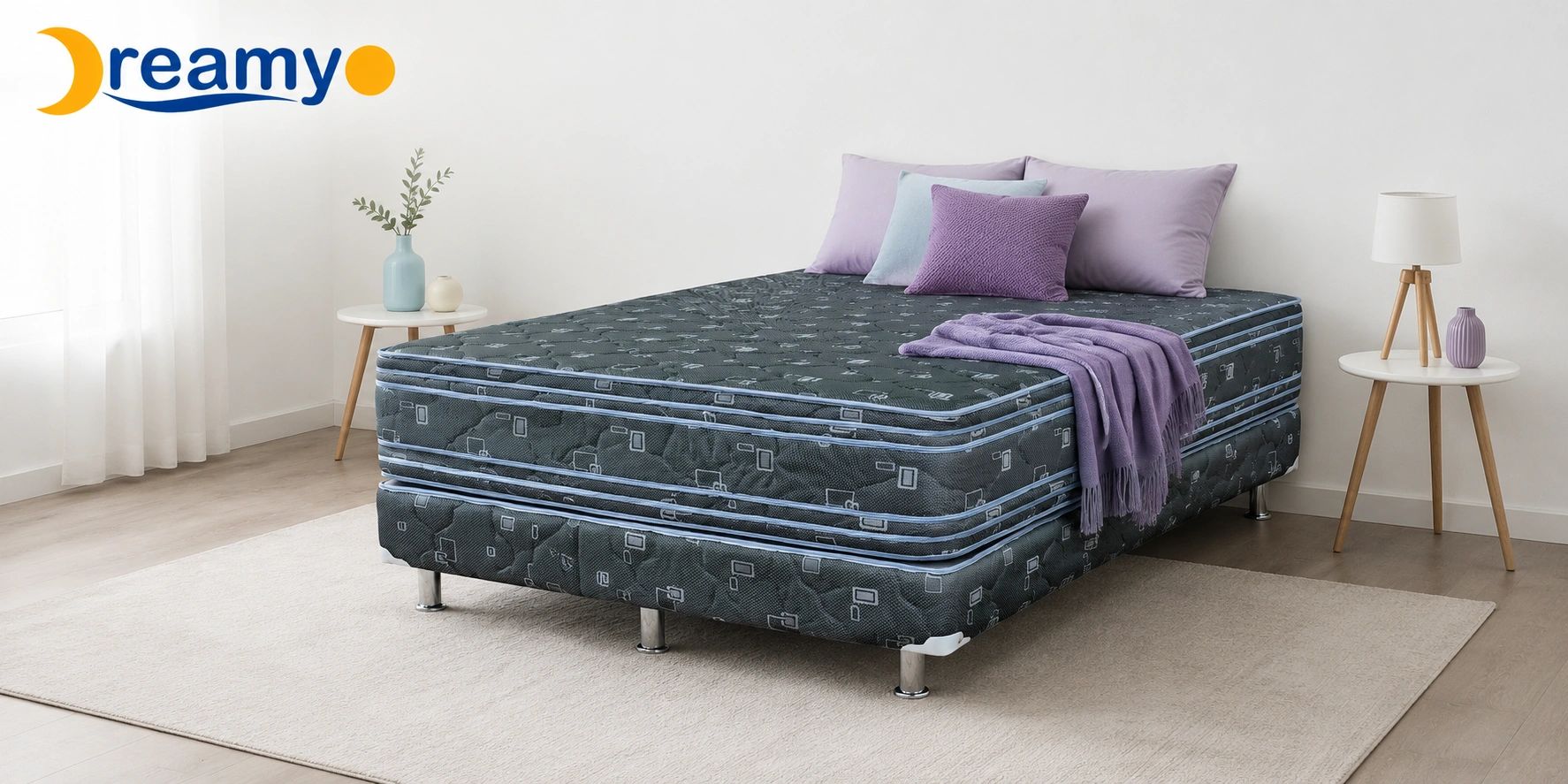 Modern bedroom with a patterned mattress, lavender pillows, and cozy decor.