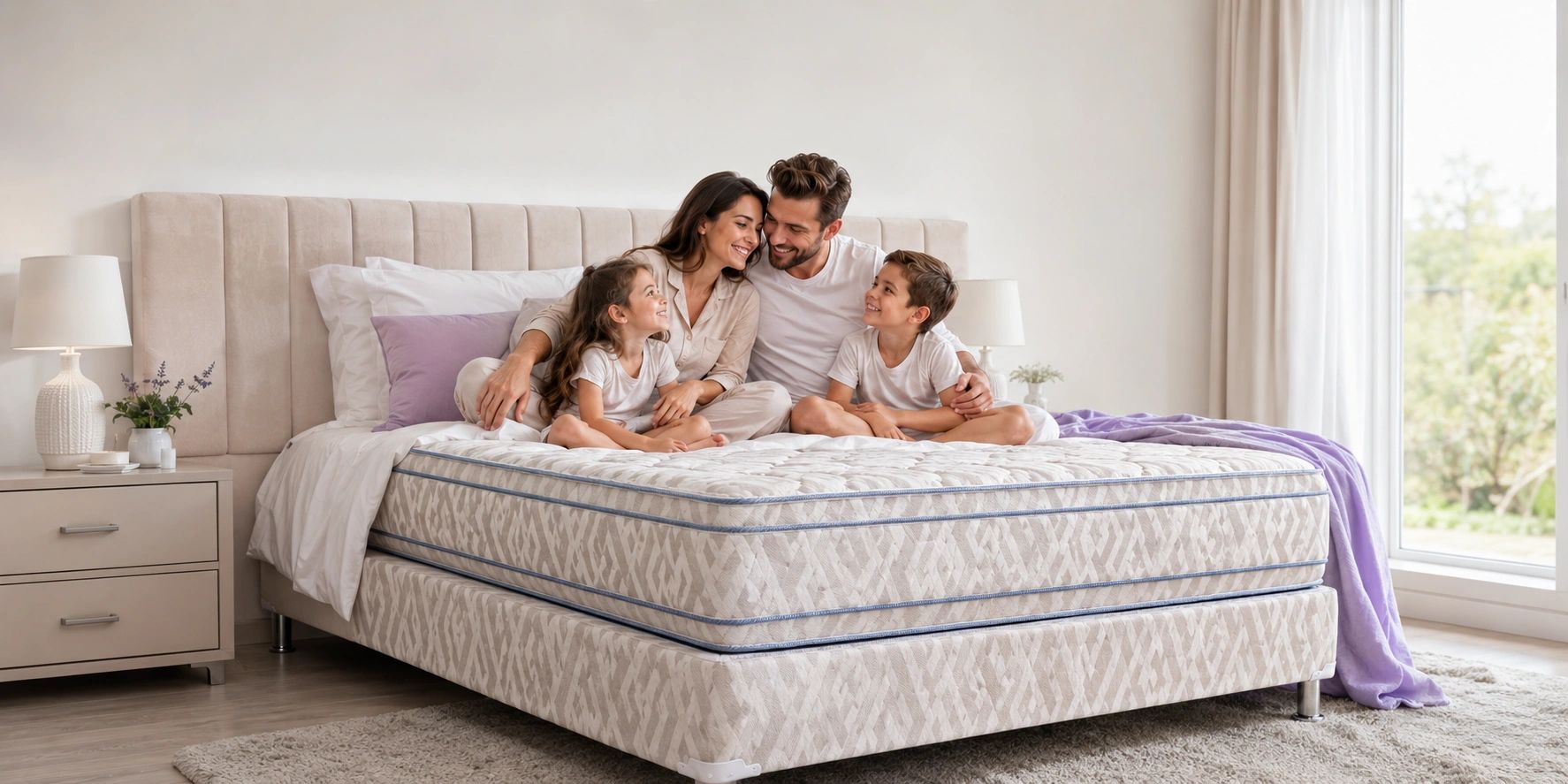 A happy family of four sitting on a large bed in a cozy bedroom.