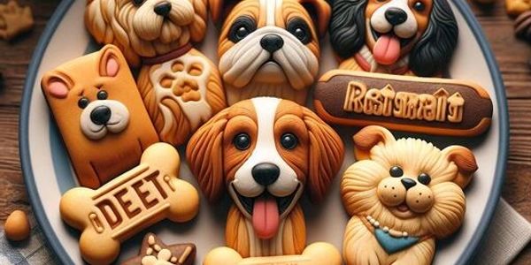 Custom made dog treats on a plate. shaped like different breads and bones various with dogs names.