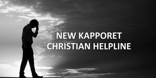Picture of concerned man, walking with head in hand, with heading New Kapporet Christian Helpline.