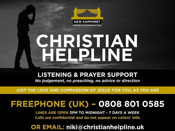 Poster of New Kapporet Christian Helpline, with contact number and opening times.