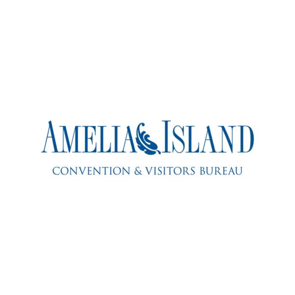 Logo of Amelia's Island Convention &amp; Visitors Bureau in blue text on white background.