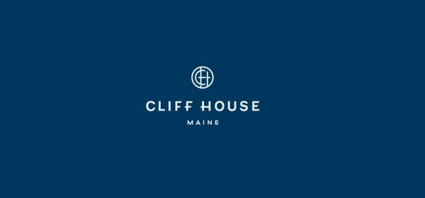Logo of Cliff House Maine with a blue background.
