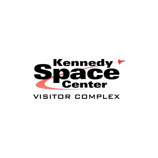 Logo of Kennedy Space Center Visitor Complex with stylized text and space shuttle.