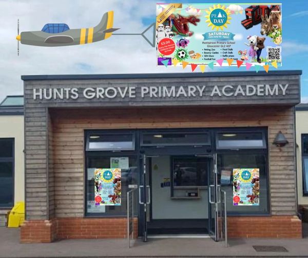 Primary school with colorful event posters and a decorative airplane.