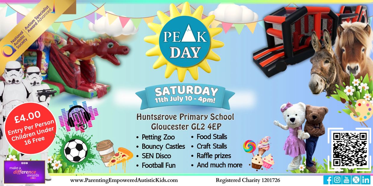 Peak Day event with activities, petting zoo, bouncy castles, and stalls at Huntsgrove Primary School.