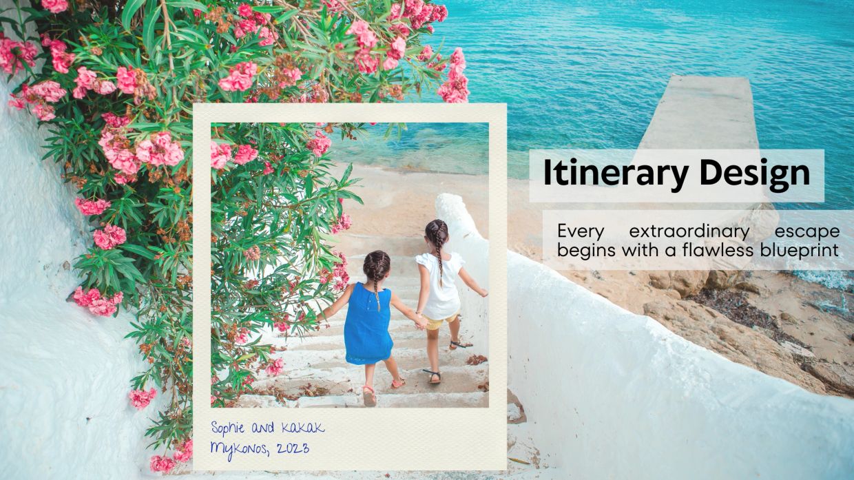 Two girls walking down steps near a scenic seaside in Mykonos.
