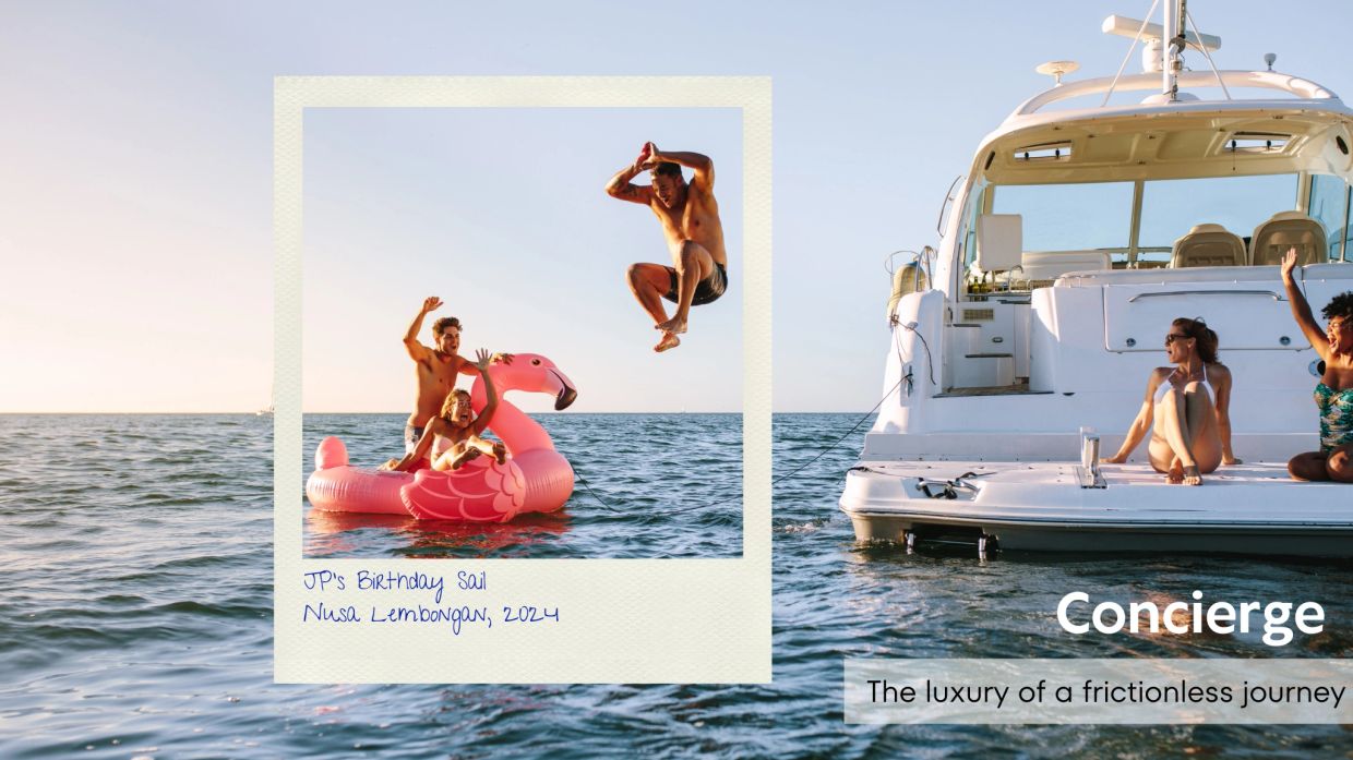Friends enjoying a sunny boat day with inflatable flamingo and jumps into the water.