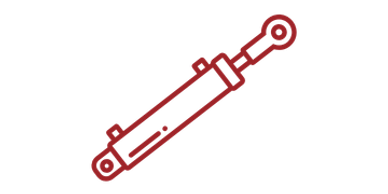 Red outlined icon of a hydraulic cylinder.