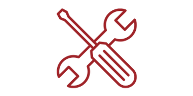 Red outlined icon of a wrench and screwdriver crossed over each other, making an "X" shape.