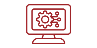 Red outline of a desktop computer with a gear and lines extending from it on the screen.