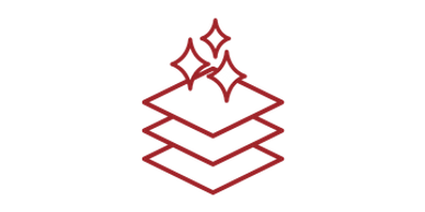 Red outline icon of three squares layered on top of each other with three sparkles above the top.