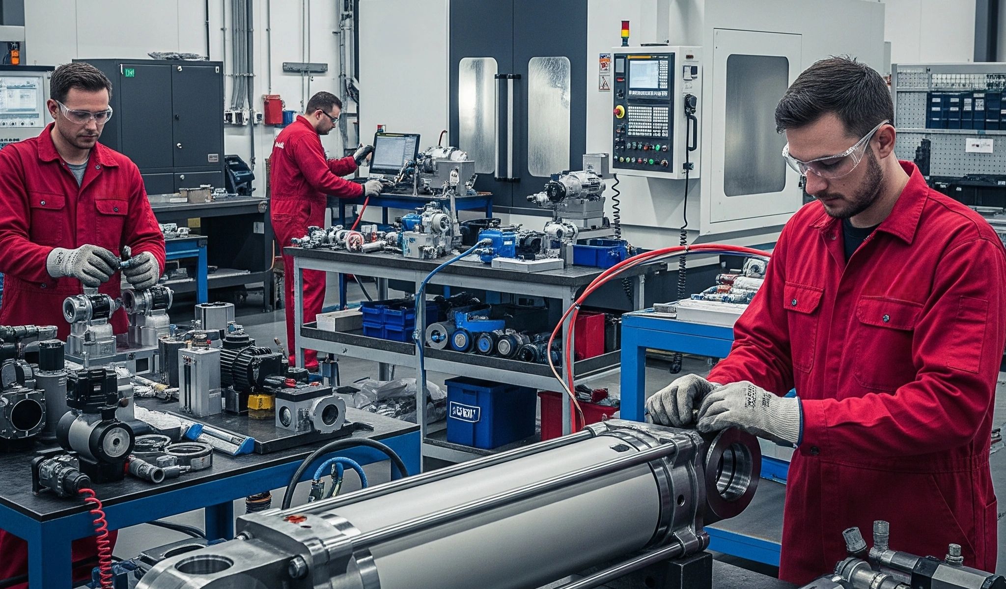 A team of technicians building and testing hydraulic and pneumatic cylinders in a manufacturing shop.