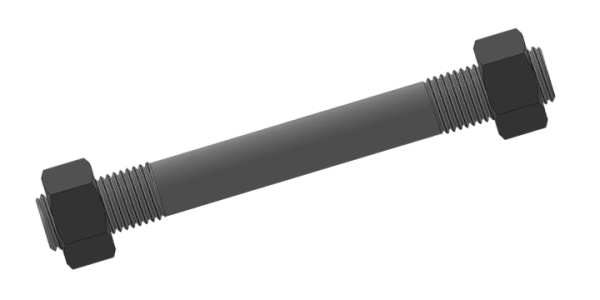 3D Cad model of a tie rod with rolled threads and nuts on both ends.