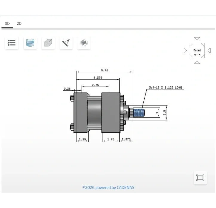 3D CAD model of a hydraulic cylinder in an online configurator with dimensioned engineering drawing.