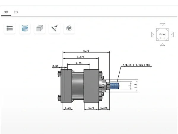 3D cylinder configurator with CAD model that includes dimensions and featured tools.