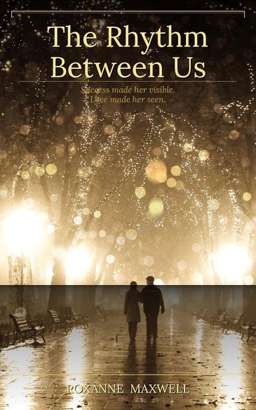 Romantic couple walks under glowing lights on a rainy night.