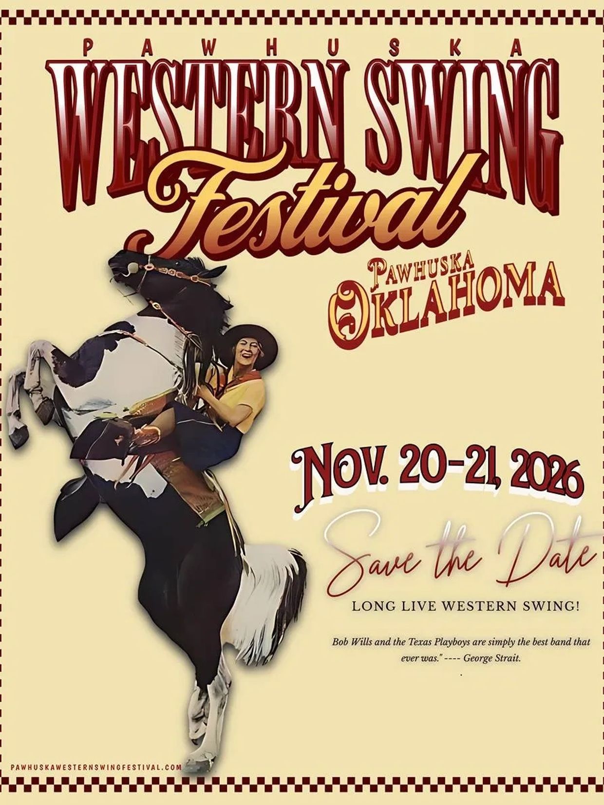 Save the Date Pawhuska Western Swing for Nov. 20-21, 2026 for the Pawhuska Western Swing Festival.