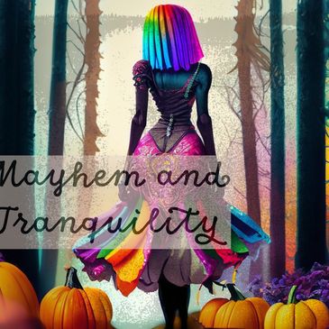 Pumpkin patch in the wood with a woman walking away with rainbow hair and rainbow dress