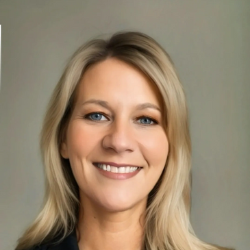 Smiling woman with blonde hair and blue eyes in a black blazer.