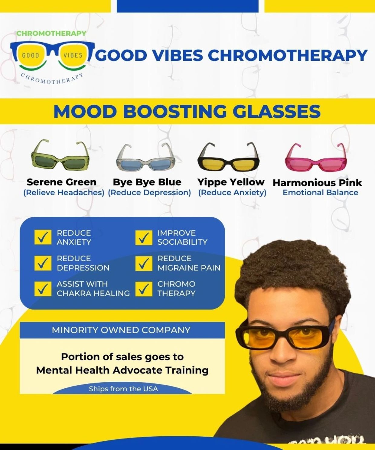 Mood boosting glasses to reduce anxiety, depression, and improve sociability.
