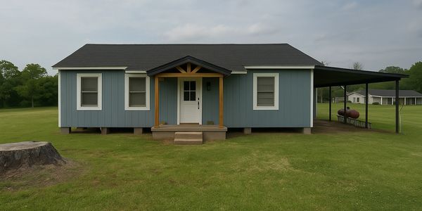 Small blue house with a porch and carport on green lawn.