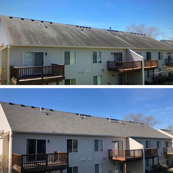 Before and after of asphalt roof soft washing 