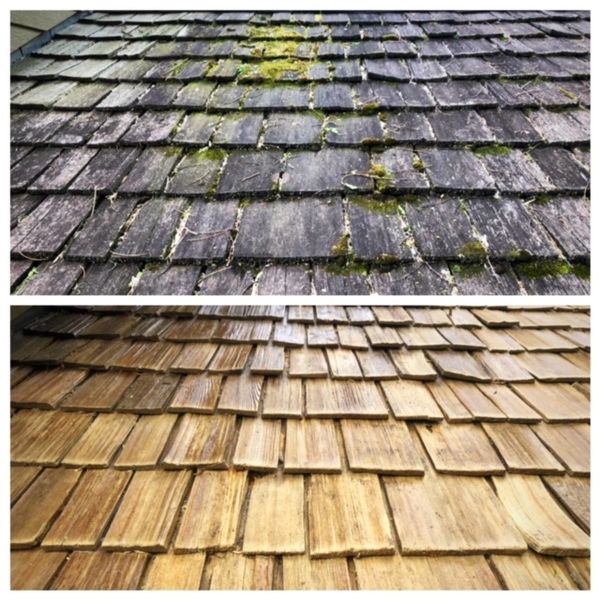 Before and after of cedar shake roof soft washing 