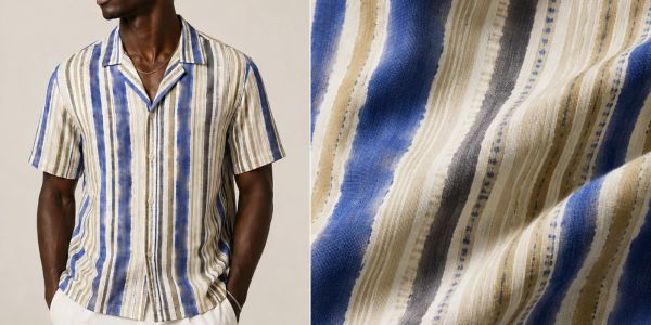 Striped short-sleeve shirt with blue, beige, and black tones.