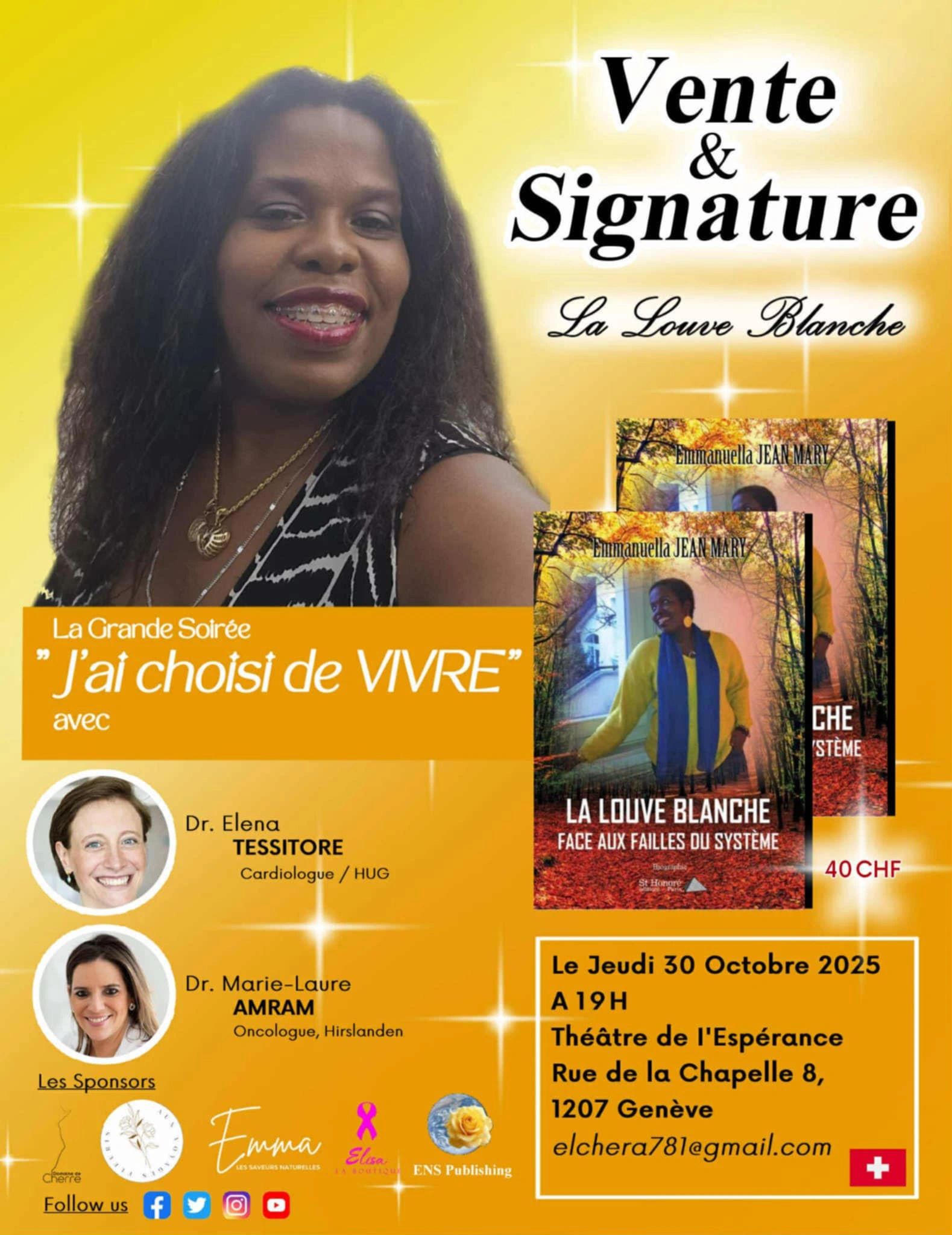 Event poster for book signing of 'La Louve Blanche' on October 30, 2025, in Geneva.