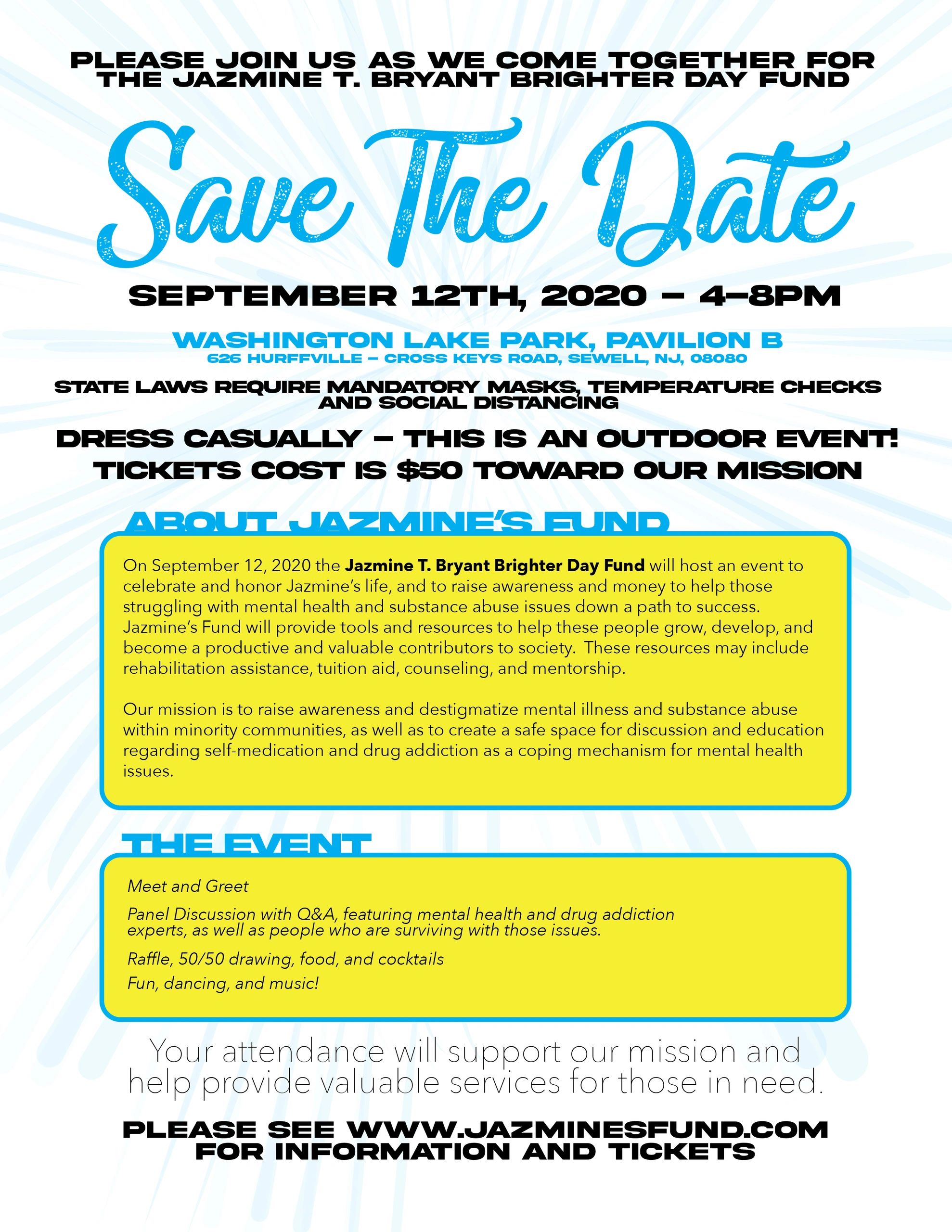 Save the date for the Jazmine T. Bryant Brighter Day Fund event on September 12, 2020.