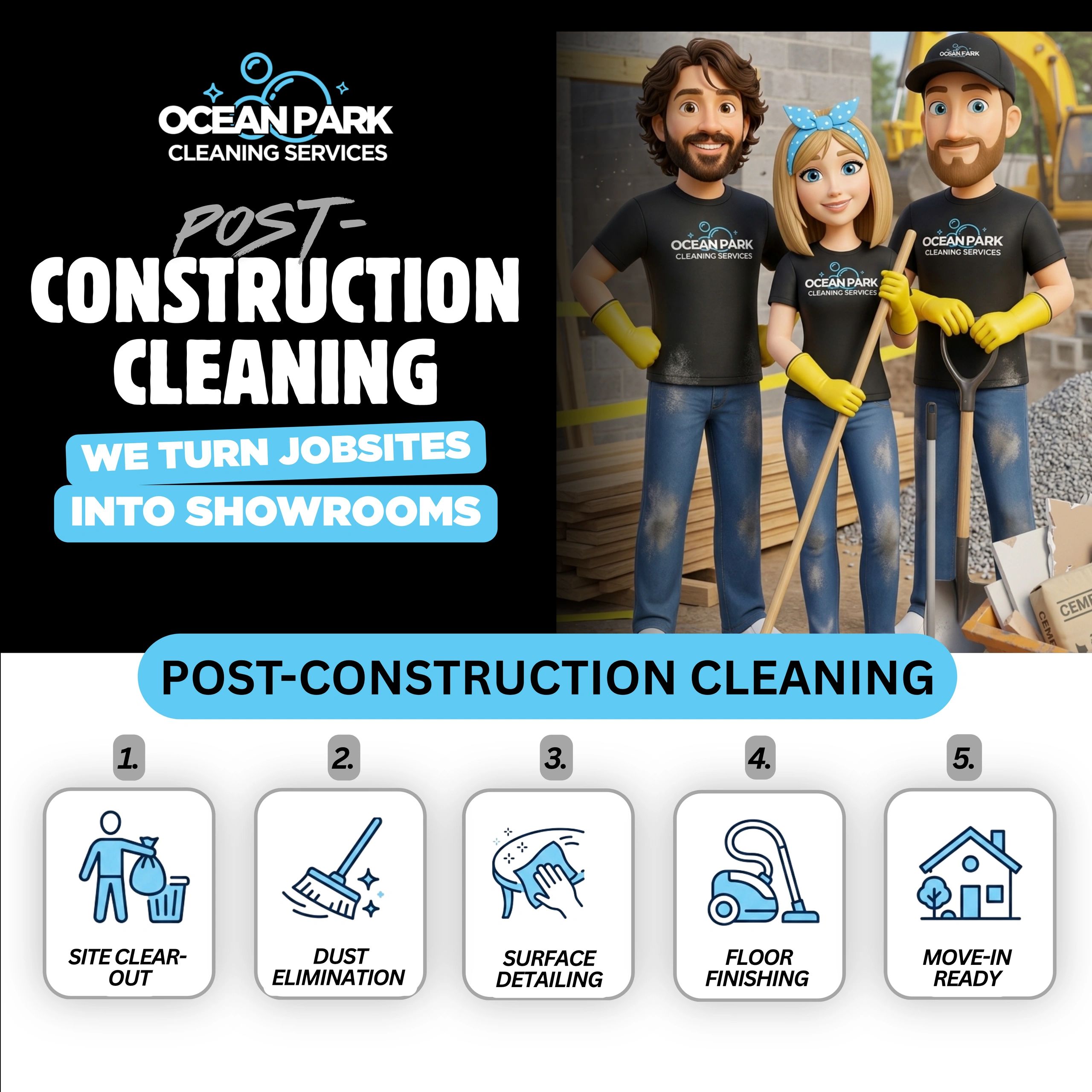 Three cleaners standing on a construction site posing for a picture 