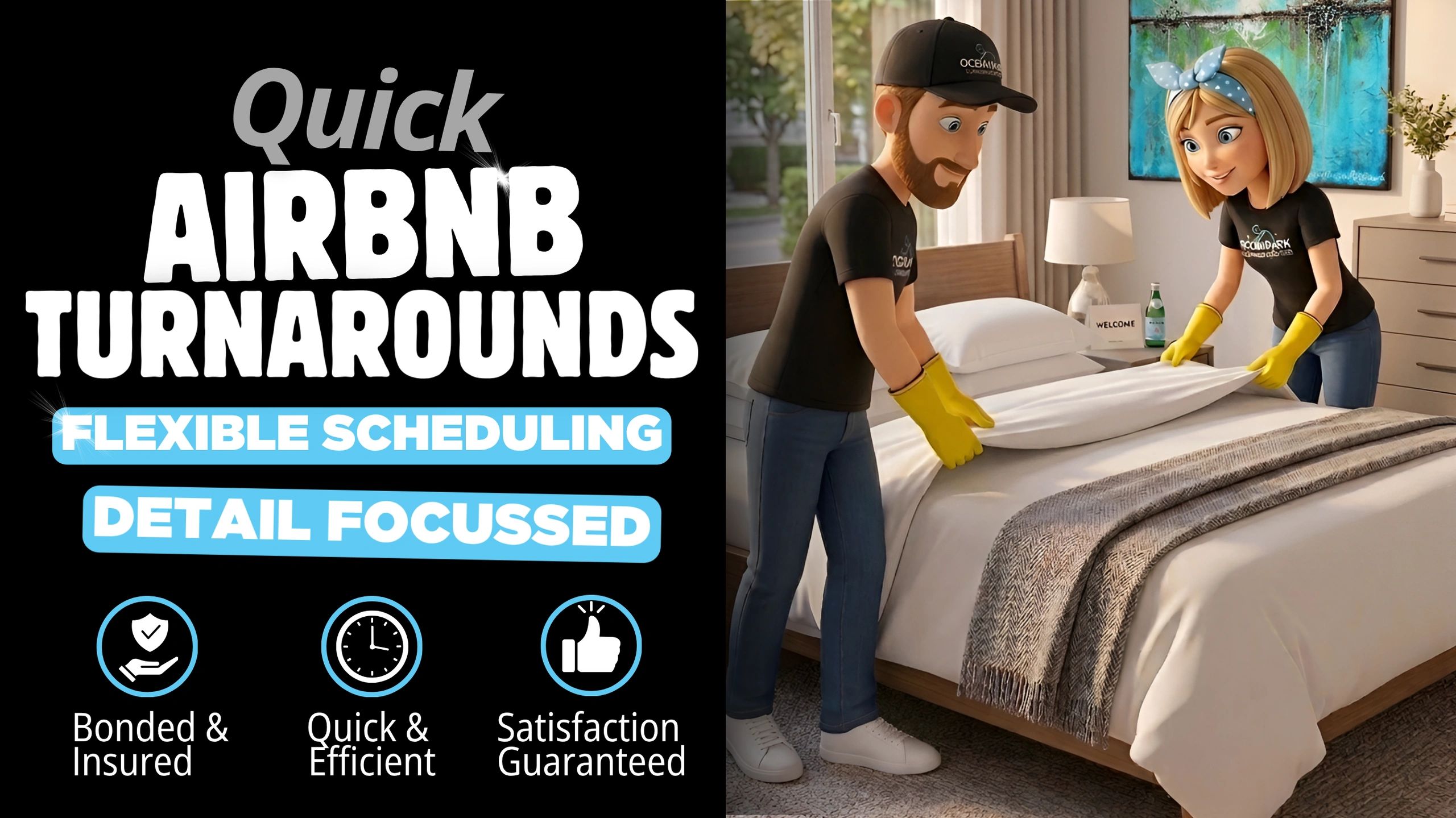 2 cleaner's making a bed at airbnb 
