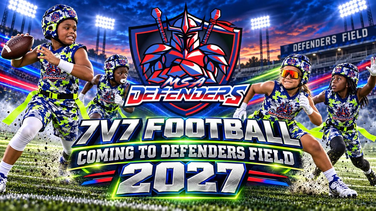 Youth 7v7 flag football promotion for 2027 at Defenders Field.