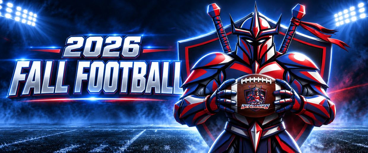 Futuristic knight holding a football with 2026 Fall Football text.