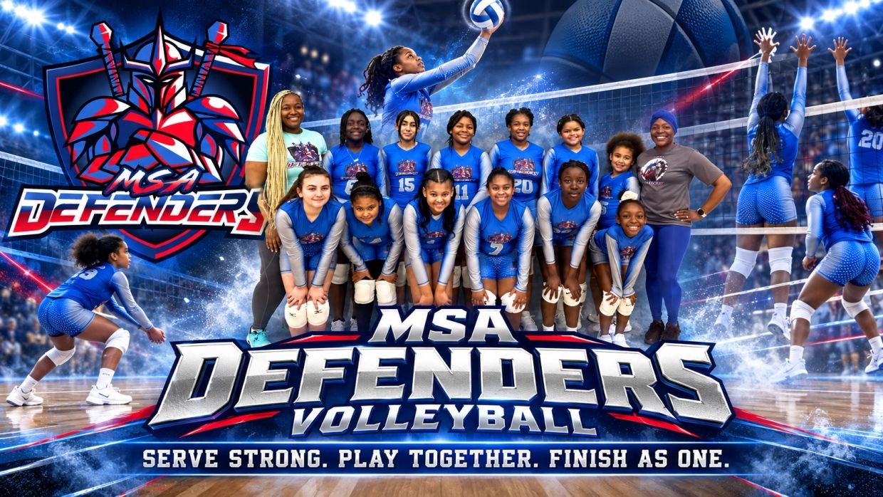 MSA Defenders youth volleyball team with coach and action shots on court.