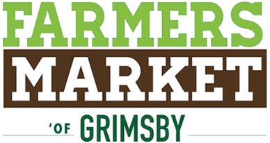 Logo for Grimsby Farmers Market with bold green and brown text.