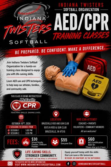 Indiana Twisters Softball AED/CPR training class advertisement.